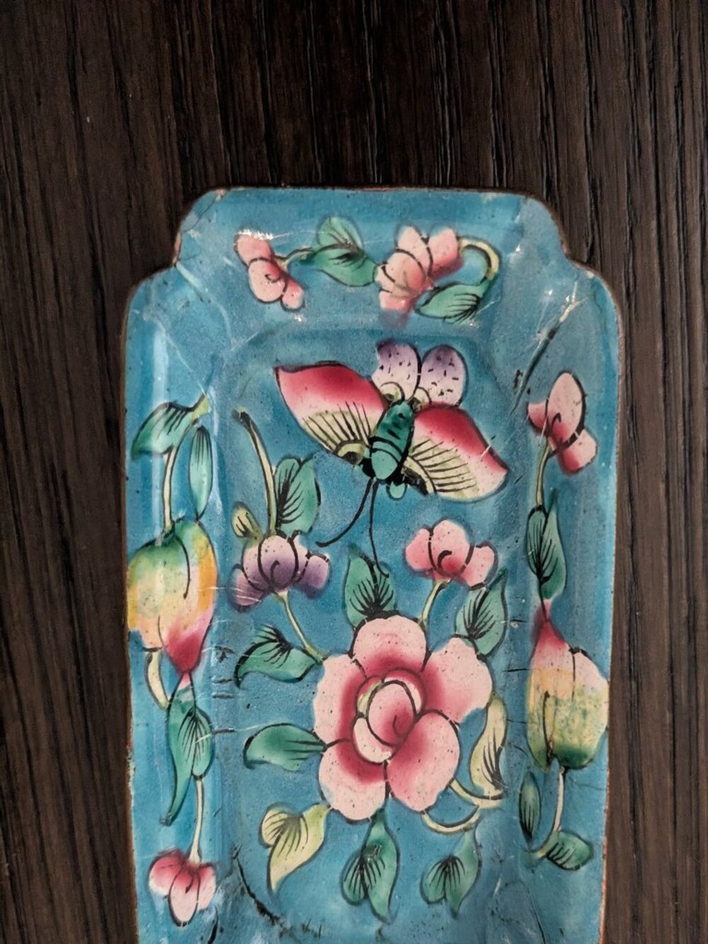 ANTIQ Chinese Canton Enamel Peony Trinket Box & Catchall Tray Set Boho Decor 3pc - Picture 10 of 16